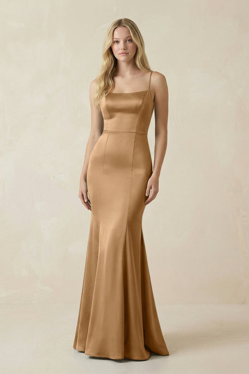 Cami Strap Ruffled Satin Bridesmaid Dress With Bow in Bronzer - KISS BRIDAL Bridesmaid Dresses