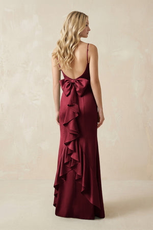 Cami Strap Ruffled Satin Bridesmaid Dress With Bow in Burgundy - KISS BRIDAL Bridesmaid Dresses