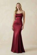 Cami Strap Ruffled Satin Bridesmaid Dress With Bow in Burgundy - KISS BRIDAL Bridesmaid Dresses