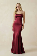 Cami Strap Ruffled Satin Bridesmaid Dress With Bow in Burgundy - KISS BRIDAL Bridesmaid Dresses