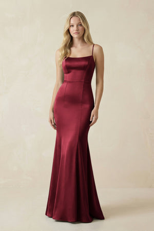 Cami Strap Ruffled Satin Bridesmaid Dress With Bow in Burgundy - KISS BRIDAL Bridesmaid Dresses