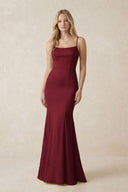 Cami Strap Ruffled Satin Bridesmaid Dress With Bow in Burgundy | KISSBRIDAL