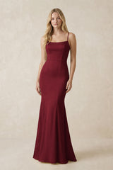 Cami Strap Ruffled Satin Bridesmaid Dress With Bow in Burgundy | KISSBRIDAL
