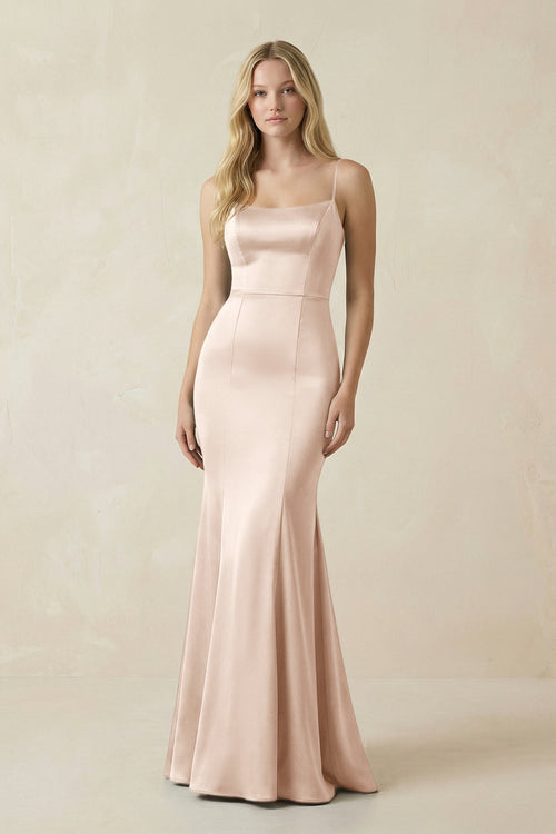 Cami Strap Ruffled Satin Bridesmaid Dress With Bow in Buttercream - KISS BRIDAL Bridesmaid Dresses