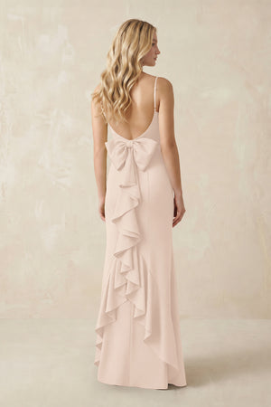 Cami Strap Ruffled Satin Bridesmaid Dress With Bow in Buttercream (2) | KISSBRIDAL