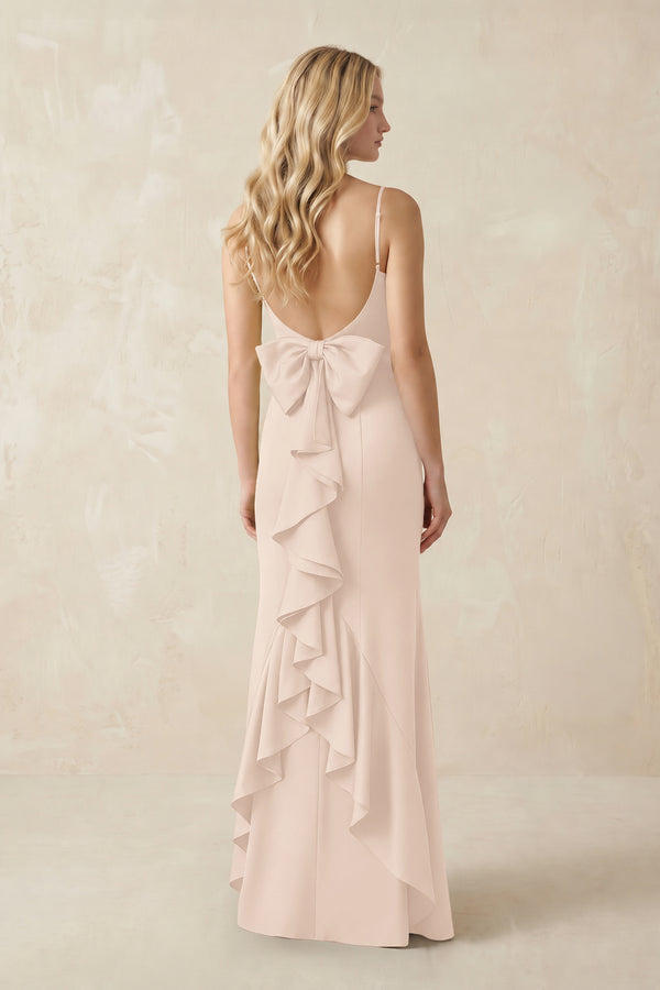 Cami Strap Ruffled Satin Bridesmaid Dress With Bow in Buttercream (2) | KISSBRIDAL