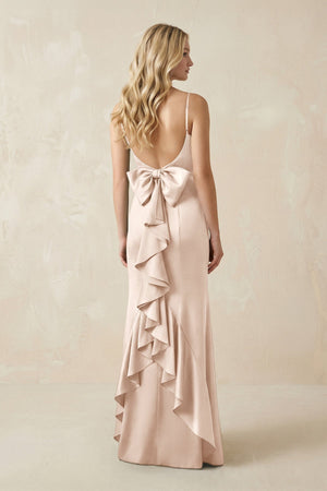 Cami Strap Ruffled Satin Bridesmaid Dress With Bow in Buttercream - KISS BRIDAL Bridesmaid Dresses