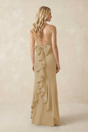 Cami Strap Ruffled Satin Bridesmaid Dress With Bow in Champagne (2) | KISSBRIDAL
