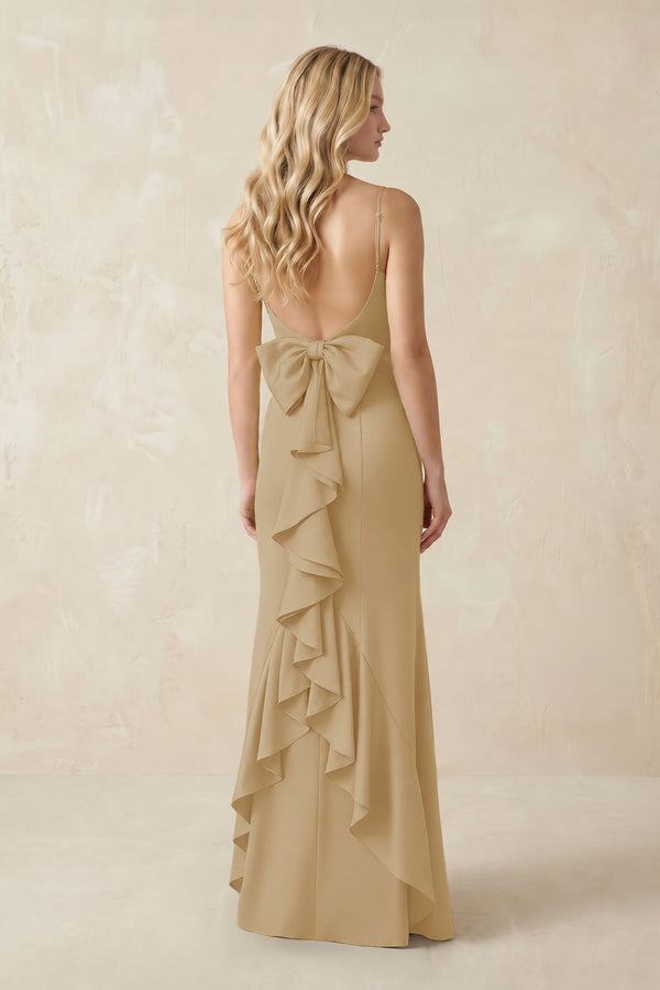 Cami Strap Ruffled Satin Bridesmaid Dress With Bow in Champagne (2) | KISSBRIDAL