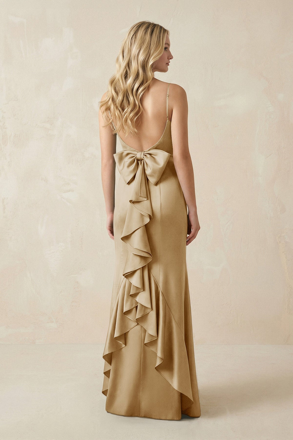 Cami Strap Ruffled Satin Bridesmaid Dress With Bow in Champagne - KISS BRIDAL Bridesmaid Dresses