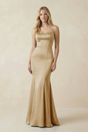 Cami Strap Ruffled Satin Bridesmaid Dress With Bow in Champagne - KISS BRIDAL Bridesmaid Dresses