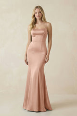 Cami Strap Ruffled Satin Bridesmaid Dress With Bow in Champagne Rose - KISS BRIDAL Bridesmaid Dresses