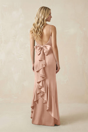 Cami Strap Ruffled Satin Bridesmaid Dress With Bow in Champagne Rose - KISS BRIDAL Bridesmaid Dresses