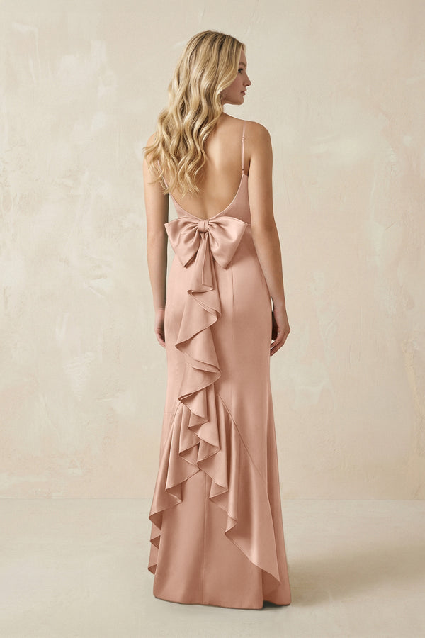 Cami Strap Ruffled Satin Bridesmaid Dress With Bow in Champagne Rose - KISS BRIDAL Bridesmaid Dresses