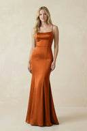 Cami Strap Ruffled Satin Bridesmaid Dress With Bow in Cinnamon - KISS BRIDAL Bridesmaid Dresses