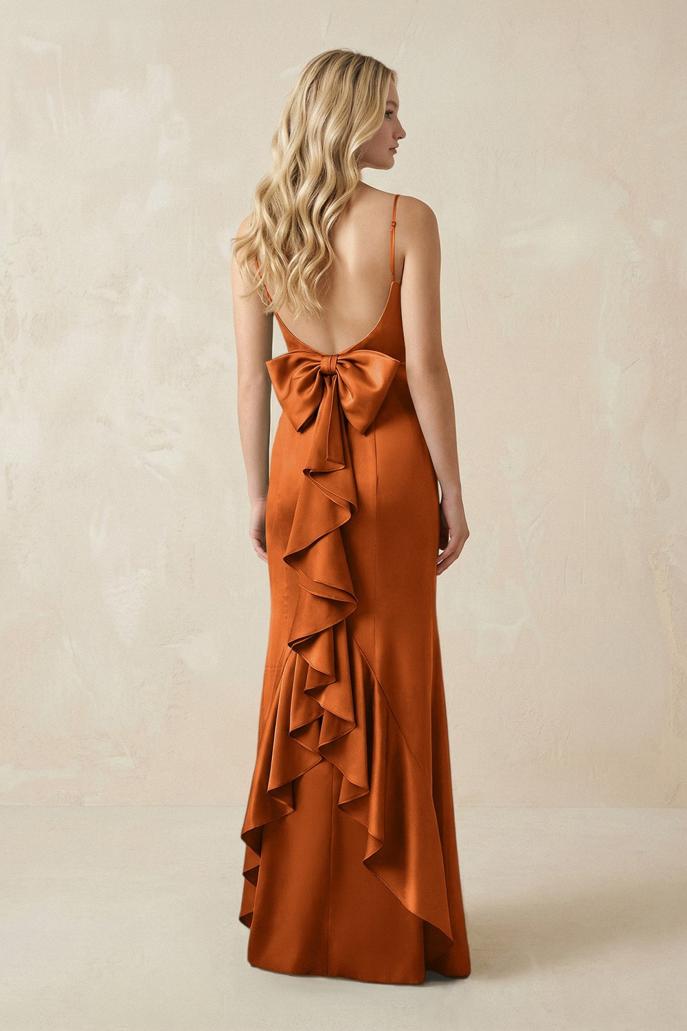 Cami Strap Ruffled Satin Bridesmaid Dress With Bow in Cinnamon - KISS BRIDAL Bridesmaid Dresses