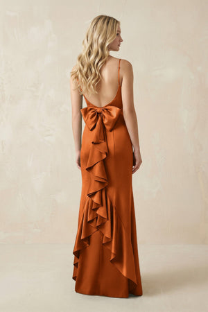 Cami Strap Ruffled Satin Bridesmaid Dress With Bow in Cinnamon - KISS BRIDAL Bridesmaid Dresses