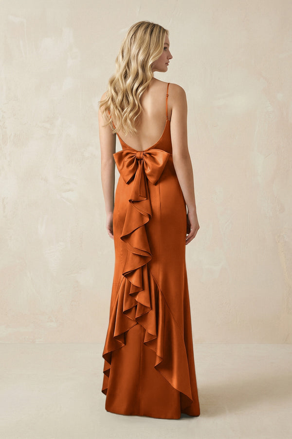 Cami Strap Ruffled Satin Bridesmaid Dress With Bow in Cinnamon - KISS BRIDAL Bridesmaid Dresses