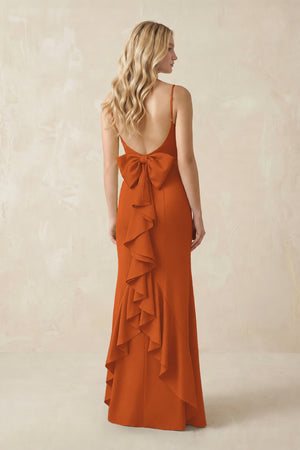 Cami Strap Ruffled Satin Bridesmaid Dress With Bow in Cinnamon (2) | KISSBRIDAL