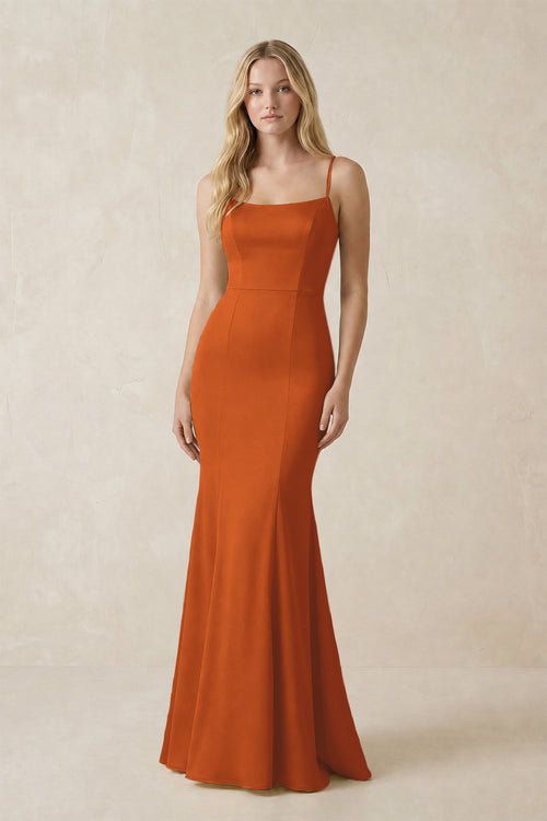 Cami Strap Ruffled Satin Bridesmaid Dress With Bow in Cinnamon | KISSBRIDAL