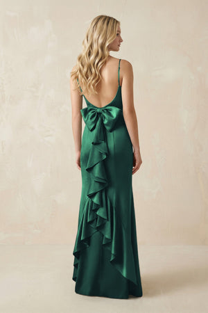 Cami Strap Ruffled Satin Bridesmaid Dress With Bow in Dark Green - KISS BRIDAL Bridesmaid Dresses