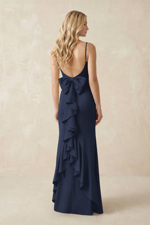 Cami Strap Ruffled Satin Bridesmaid Dress With Bow in Dark Navy (2) | KISSBRIDAL