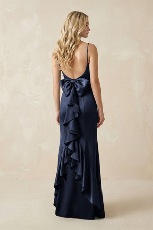 Cami Strap Ruffled Satin Bridesmaid Dress With Bow in Dark Navy - KISS BRIDAL Bridesmaid Dresses
