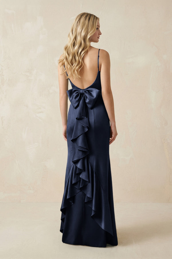 Cami Strap Ruffled Satin Bridesmaid Dress With Bow in Dark Navy - KISS BRIDAL Bridesmaid Dresses