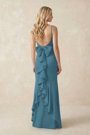 Cami Strap Ruffled Satin Bridesmaid Dress With Bow in Dark Teal (2) | KISSBRIDAL