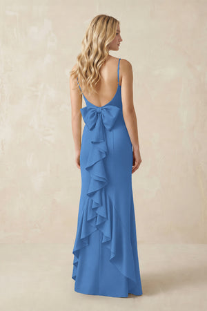 Cami Strap Ruffled Satin Bridesmaid Dress With Bow in Dusty Blue (2) | KISSBRIDAL