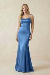 Cami Strap Ruffled Satin Bridesmaid Dress With Bow in Dusty Blue - KISS BRIDAL Bridesmaid Dresses