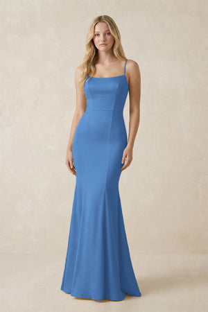 Cami Strap Ruffled Satin Bridesmaid Dress With Bow in Dusty Blue | KISSBRIDAL