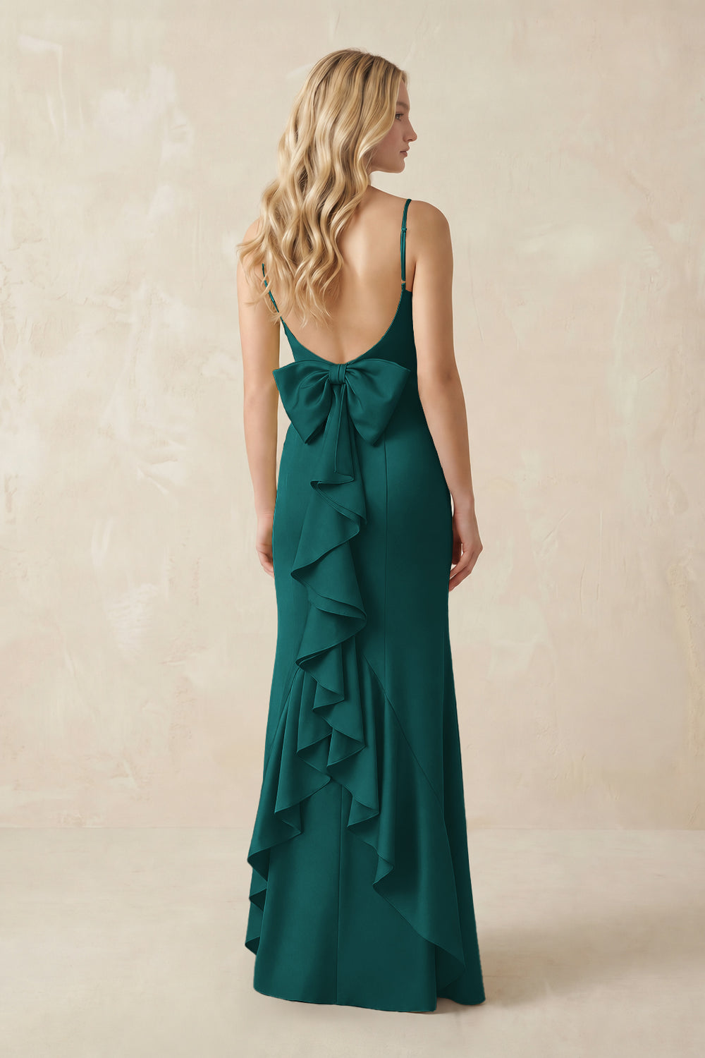 Cami Strap Ruffled Satin Bridesmaid Dress With Bow in Emerald