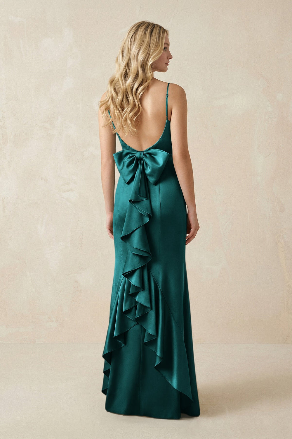 Cami Strap Ruffled Satin Bridesmaid Dress With Bow in Emerald - KISS BRIDAL Bridesmaid Dresses