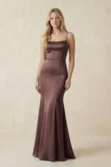 Cami Strap Ruffled Satin Bridesmaid Dress With Bow in Espresso - KISS BRIDAL Bridesmaid Dresses