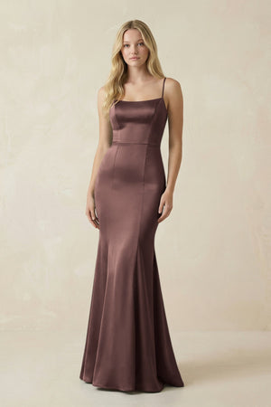 Cami Strap Ruffled Satin Bridesmaid Dress With Bow in Espresso - KISS BRIDAL Bridesmaid Dresses