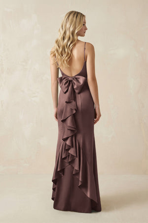 Cami Strap Ruffled Satin Bridesmaid Dress With Bow in Espresso - KISS BRIDAL Bridesmaid Dresses