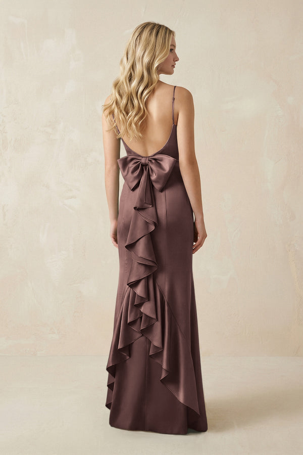 Cami Strap Ruffled Satin Bridesmaid Dress With Bow in Espresso - KISS BRIDAL Bridesmaid Dresses