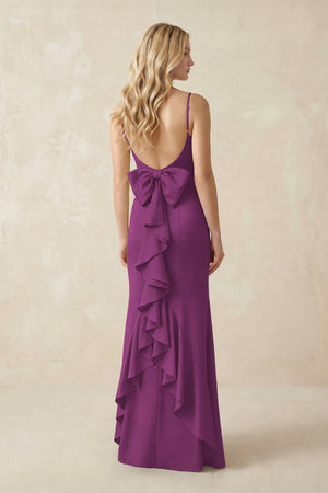 Cami Strap Ruffled Satin Bridesmaid Dress With Bow in Fig (2) | KISSBRIDAL