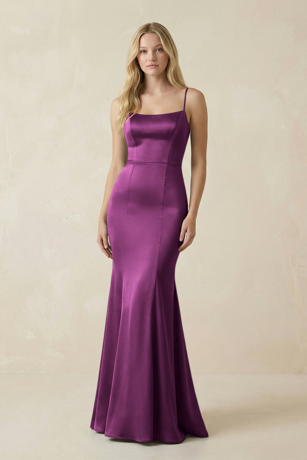 Cami Strap Ruffled Satin Bridesmaid Dress With Bow in Fig - KISS BRIDAL Bridesmaid Dresses
