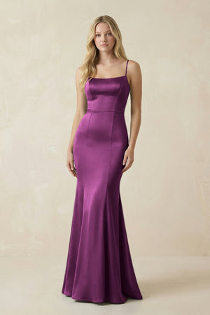 Cami Strap Ruffled Satin Bridesmaid Dress With Bow in Fig - KISS BRIDAL Bridesmaid Dresses