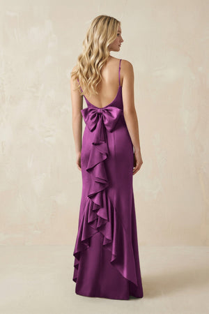 Cami Strap Ruffled Satin Bridesmaid Dress With Bow in Fig - KISS BRIDAL Bridesmaid Dresses