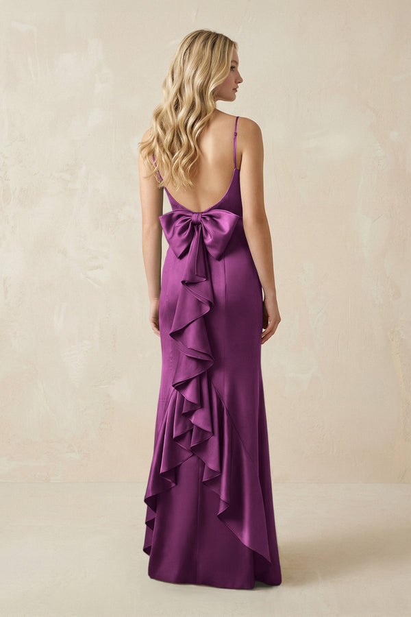 Cami Strap Ruffled Satin Bridesmaid Dress With Bow in Fig - KISS BRIDAL Bridesmaid Dresses