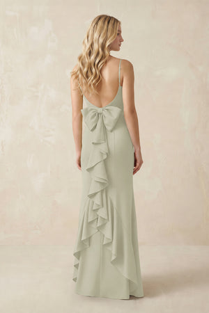 Cami Strap Ruffled Satin Bridesmaid Dress With Bow in Frost (2) | KISSBRIDAL