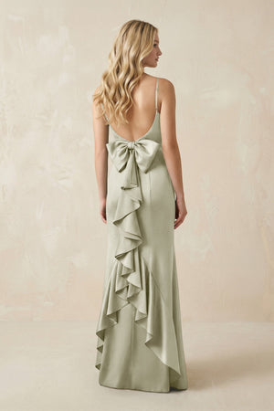 Cami Strap Ruffled Satin Bridesmaid Dress With Bow in Frost - KISS BRIDAL Bridesmaid Dresses
