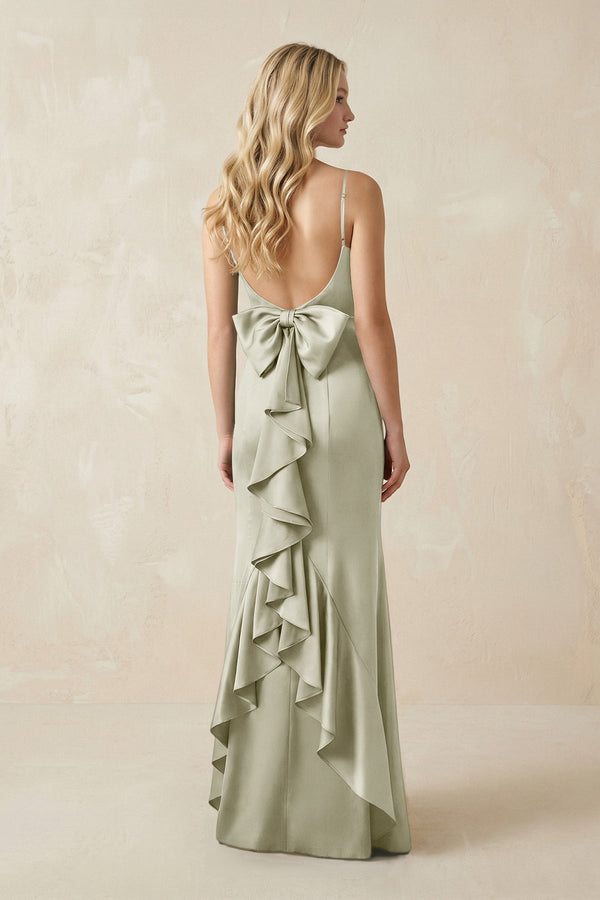 Cami Strap Ruffled Satin Bridesmaid Dress With Bow in Frost - KISS BRIDAL Bridesmaid Dresses