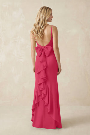 Cami Strap Ruffled Satin Bridesmaid Dress With Bow in Fuchsia (2) | KISSBRIDAL