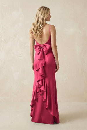 Cami Strap Ruffled Satin Bridesmaid Dress With Bow in Fuchsia - KISS BRIDAL Bridesmaid Dresses