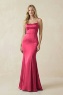 Cami Strap Ruffled Satin Bridesmaid Dress With Bow in Fuchsia - KISS BRIDAL Bridesmaid Dresses