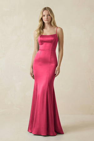 Cami Strap Ruffled Satin Bridesmaid Dress With Bow in Fuchsia - KISS BRIDAL Bridesmaid Dresses